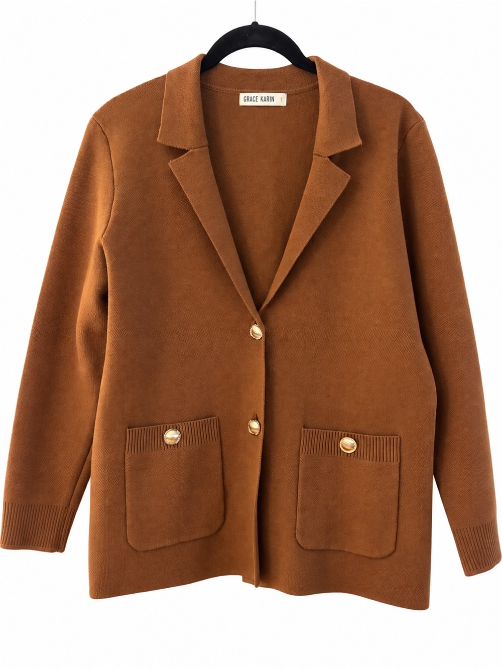GRACE KARIN Cognac Brown Knit Blazer Gold Buttons Size L